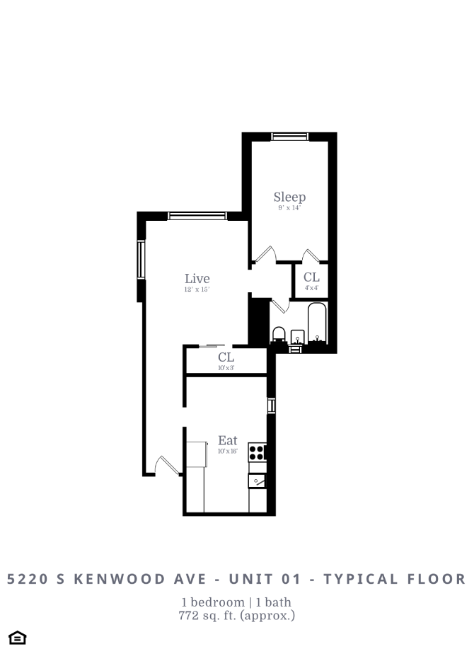 Floor plan for 1 bed, 1 bath, 722 sqft